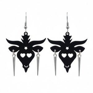 Gothic Kawaii Baphomet Goat Head Dangle Earrings Spike Charm Drop Black Silver